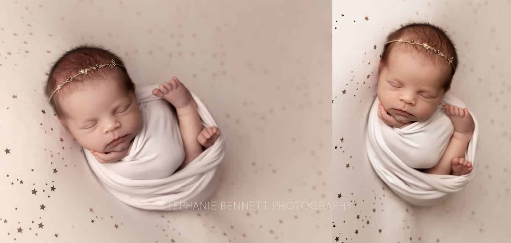 Newborn photography lakeville mn wrapped pose on star backdrop